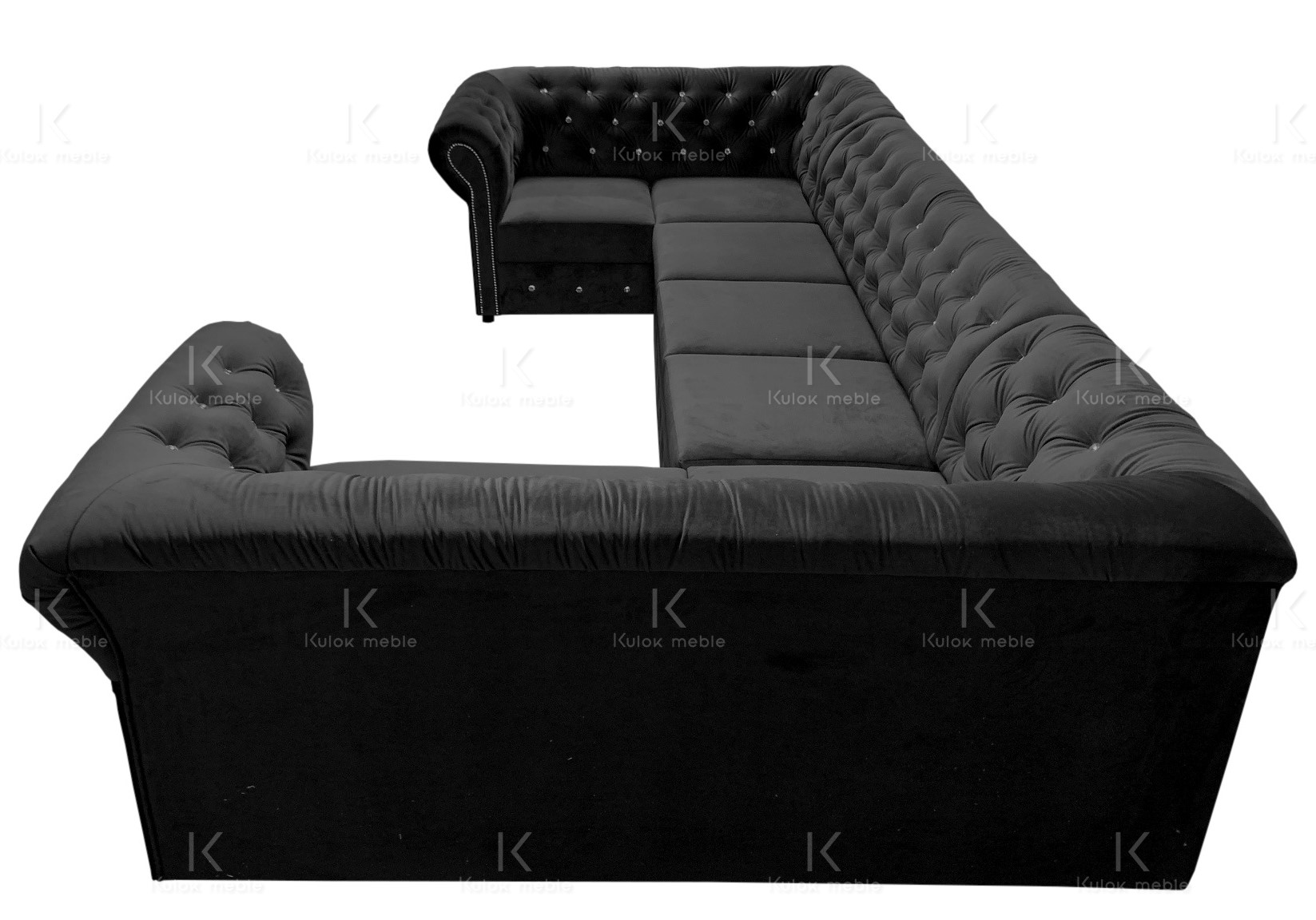 Duży narożnik chesterfield U kształtny do salonu w stylu glamour pikowany kryształkami